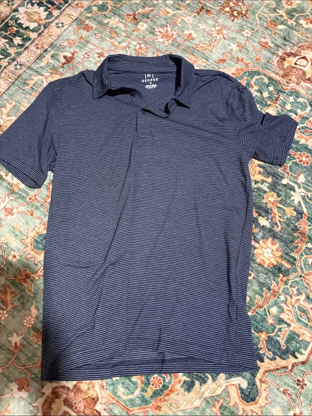 George Men's Navy and White Micro-Striped Polo